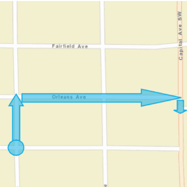 City street map with teal circles and arrows from Wentworth and Foster east to Grand Boulevard