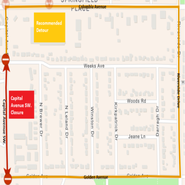 A city street map showing the Capital Avenue SW. road closure and recommended detour information.