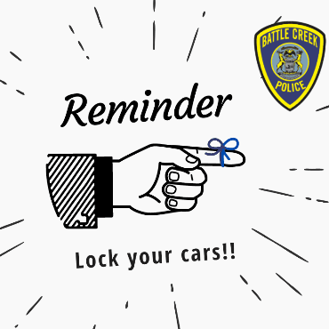 Finger pointing right with blue string attached. Text: Reminder, lock your cars.