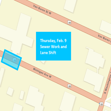A city street map showing the sewer work and location of the lane shift as a blue box.