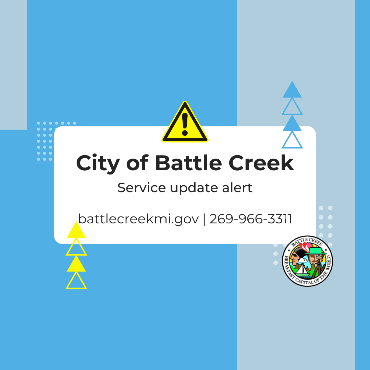 Blue background with yellow emergency triangle symbol, and text about City of Battle Creek services