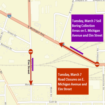A Battle Creek city street map showing the soil boring collections (purple) and road closures (red).