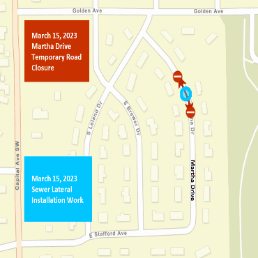 A city street map showing the sewer work as a blue circle and the road closure as a red line.