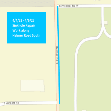 A Battle Creek city street map showing the sinkhole repair work as a solid, light blue line.