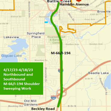 A Battle Creek city street map showing the shoulder sweeping work along M-66/I-194 as a green area.