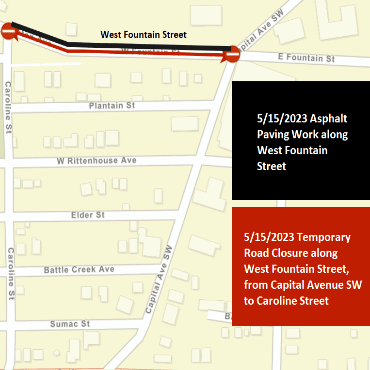 A Battle Creek city street map showing the asphalt work as a black line and closure as a red line.