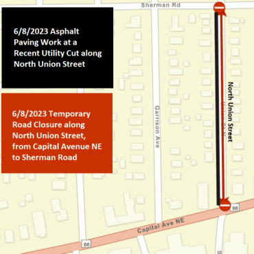 A Battle Creek city street map showing the asphalt paving work as a solid, black line.