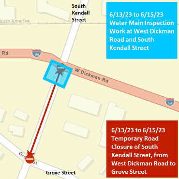 A Battle Creek city street map showing the water main inspection work and temporary road closure.