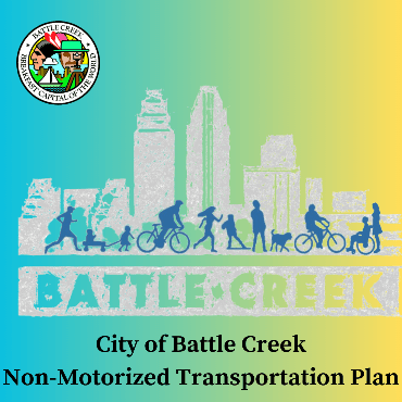 Battle Creek graphic skyline with silhouettes of people walking and biking.