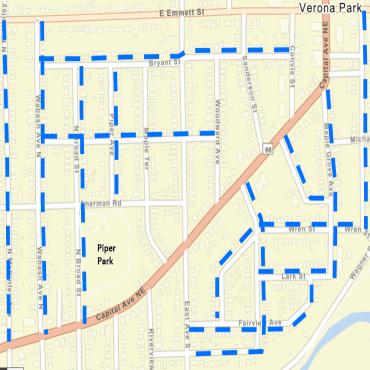 A Battle Creek city street map showing the Piper Park neighborhood.