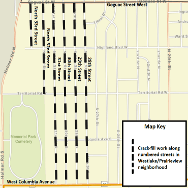 A Battle Creek city street map showing the crack-fill work as dashed, black lines.