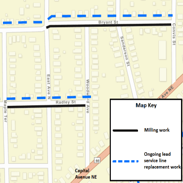 A Battle Creek city street map showing the milling work as solid, black lines.