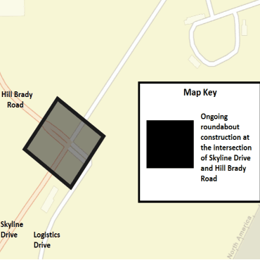 A Battle Creek city street map showing the ongoing roundabout construction as a black box.