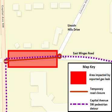 A Battle Creek city street map showing the area affected by the gas leak as a red box.