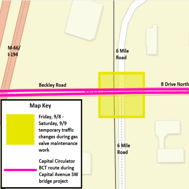 A Battle Creek city street map showing the temporary traffic changes as a yellow box.