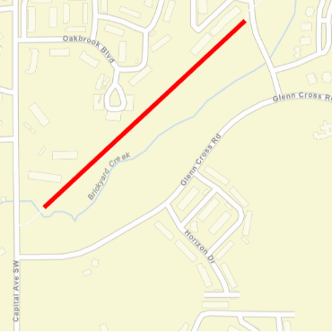 Battle Creek map with red line over part of Brickyard Creek Trail.