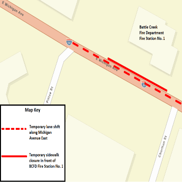 A Battle Creek city street map showing the temporary lane shift and temporary sidewalk closure.
