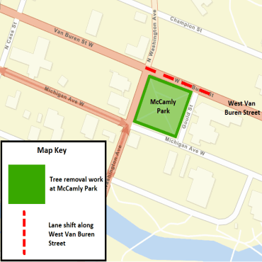 A Battle Creek city street map showing the tree removal work and lane shift at McCamly Park.