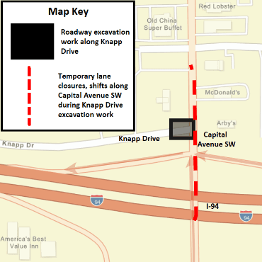 A Battle Creek city street map showing the roadway excavation work and temporary lane shifts.
