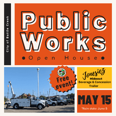 Vibrant orange graphic to promote Public Works open house on May 15.