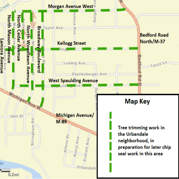 A Battle Creek city street map showing the tree trimming work as dashed, green lines.