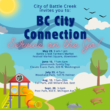 Sunny park graphic with event information from post.