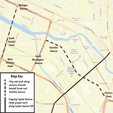 A Battle Creek city street map showing the chip seal work as dashed, black lines.