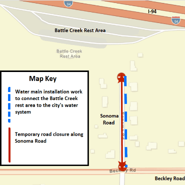 A Battle Creek city street map showing the water main installation work and temporary road closure.
