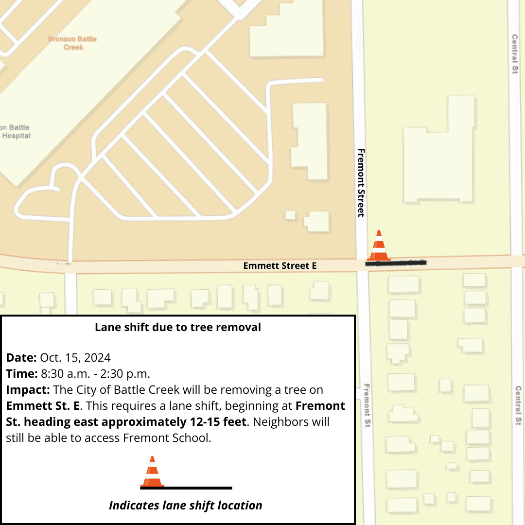 Map of Emmett Street E. indicating lane shift information for Tuesday, Oct. 15