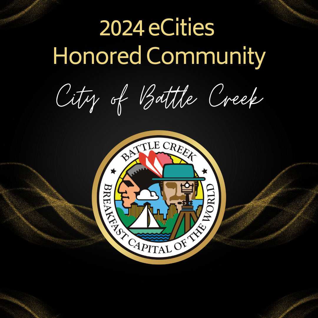 2024 eCities Honored Community header with City of Battle Creek logo in the middle on black backgrou