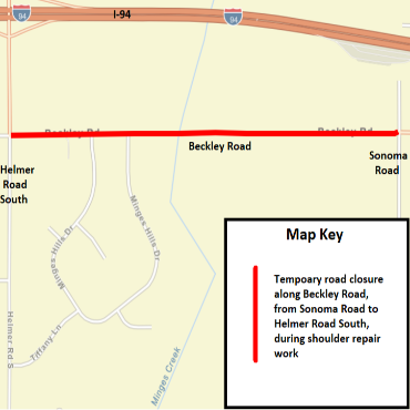 A Battle Creek city street map showing the temporary road closure along Beckley Road.