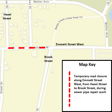 A Battle Creek city street map showing the temporary road closure as a dashed red line.