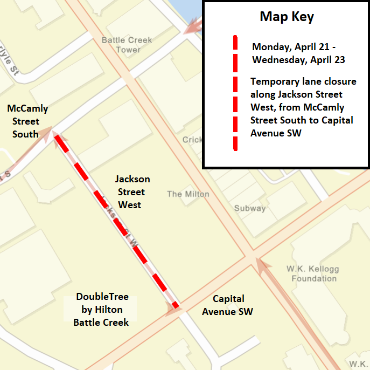 A Battle Creek city street map showing the temporary lane closure as a dashed red line.