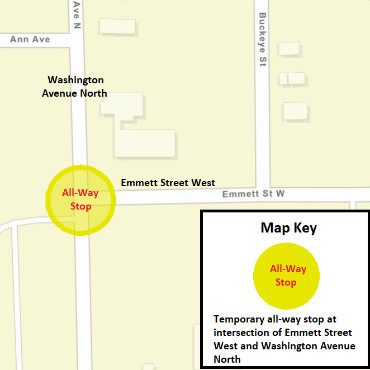 A Battle Creek city street map showing the all-way stop as a yellow circle at the intersection.