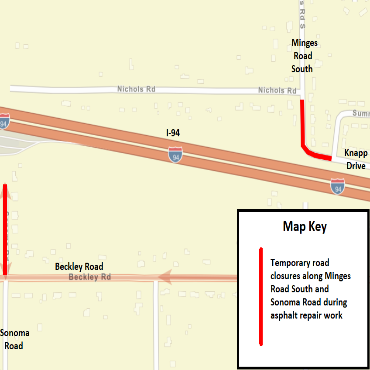 A Battle Creek city street map showing the temporary road closures.