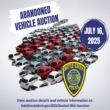 A graphic of a group of cars and the BCPD official badge logo, promoting the July 16 auctions.