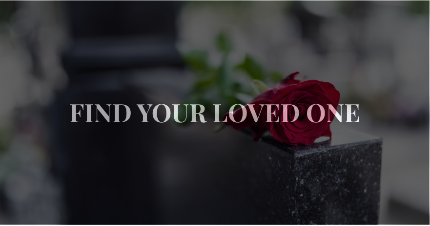 Dark rectangle Button with headstone with rose in the background link the City's Cemetery Viewer