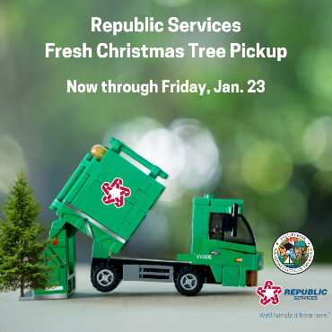 A graphic of a toy garbage truck picking up a pine tree with details for the annual pickup.