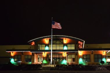 WK Kellogg Airport administration building with holiday lights