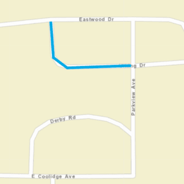 City street map with blue line on Viking Drive between Eastwood and Parkview