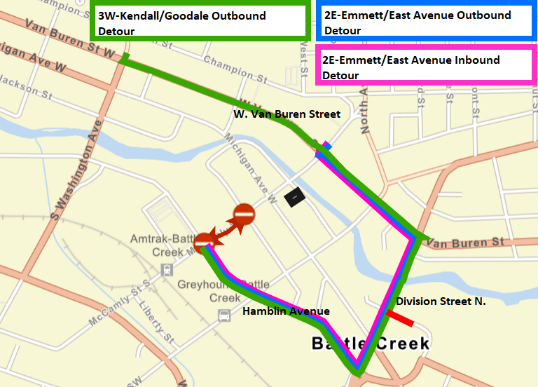 A city street map showing the Battle Creek Transit bus detours as blue, pink, and green lines.