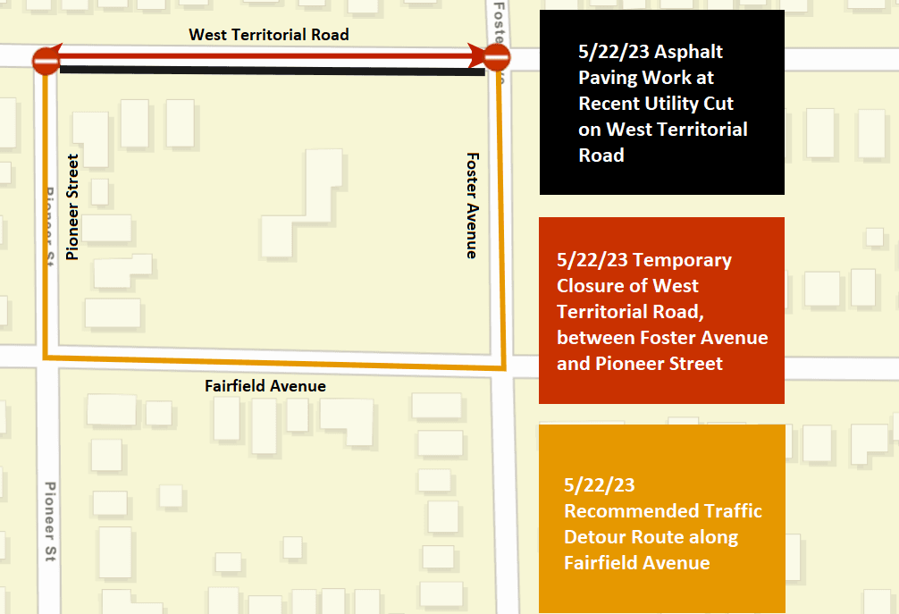A Battle Creek city street map showing the asphalt paving work, road closure, and recommended detour