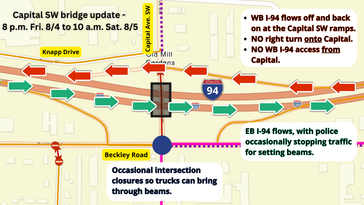Battle Creek street map with changes around Capital SW and I-94.