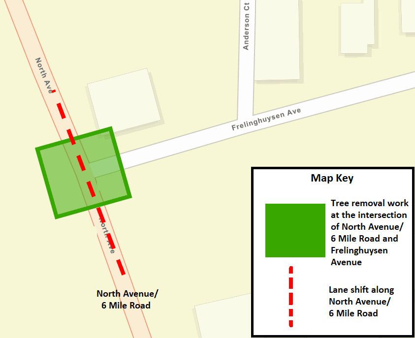 A Battle Creek city street map showing the tree removal work and lane shift on North Avenue.
