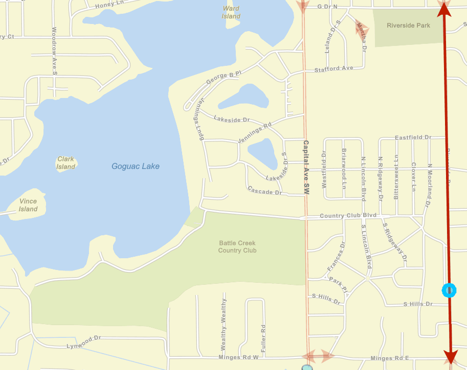 Battle Creek street map with red line over Riverside Drive, Golden to Minges E.