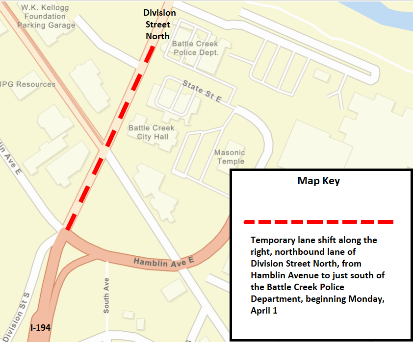 A Battle Creek city street map showing the temporary lane shift along Division Street as a red line.