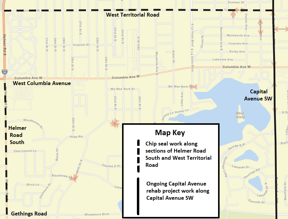 A Battle Creek city street map showing the chip seal work as dashed, black lines.