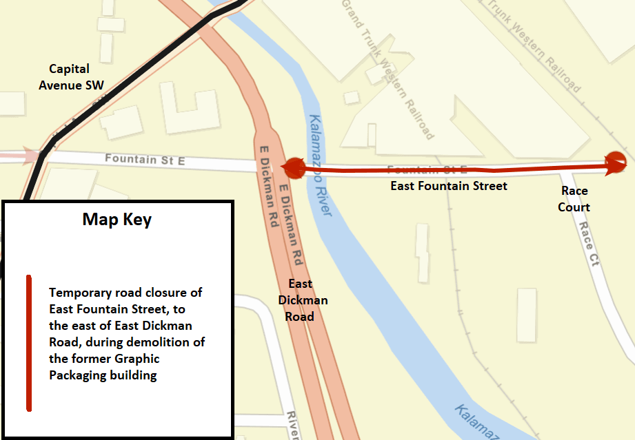 A Battle Creek city street map showing the temporary road closure as a solid, red line.