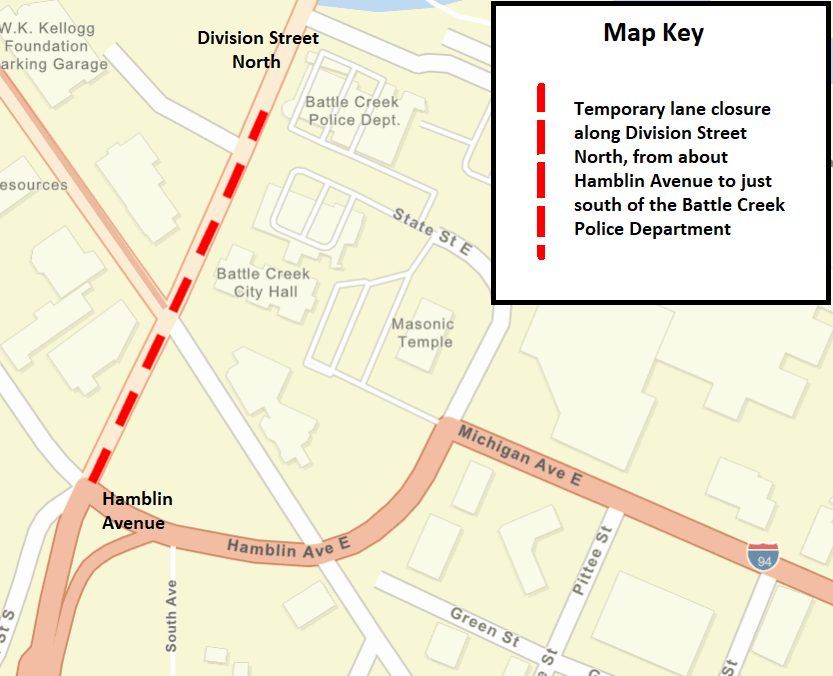 A Battle Creek city street map showing the temporary lane closure along Division Street North.