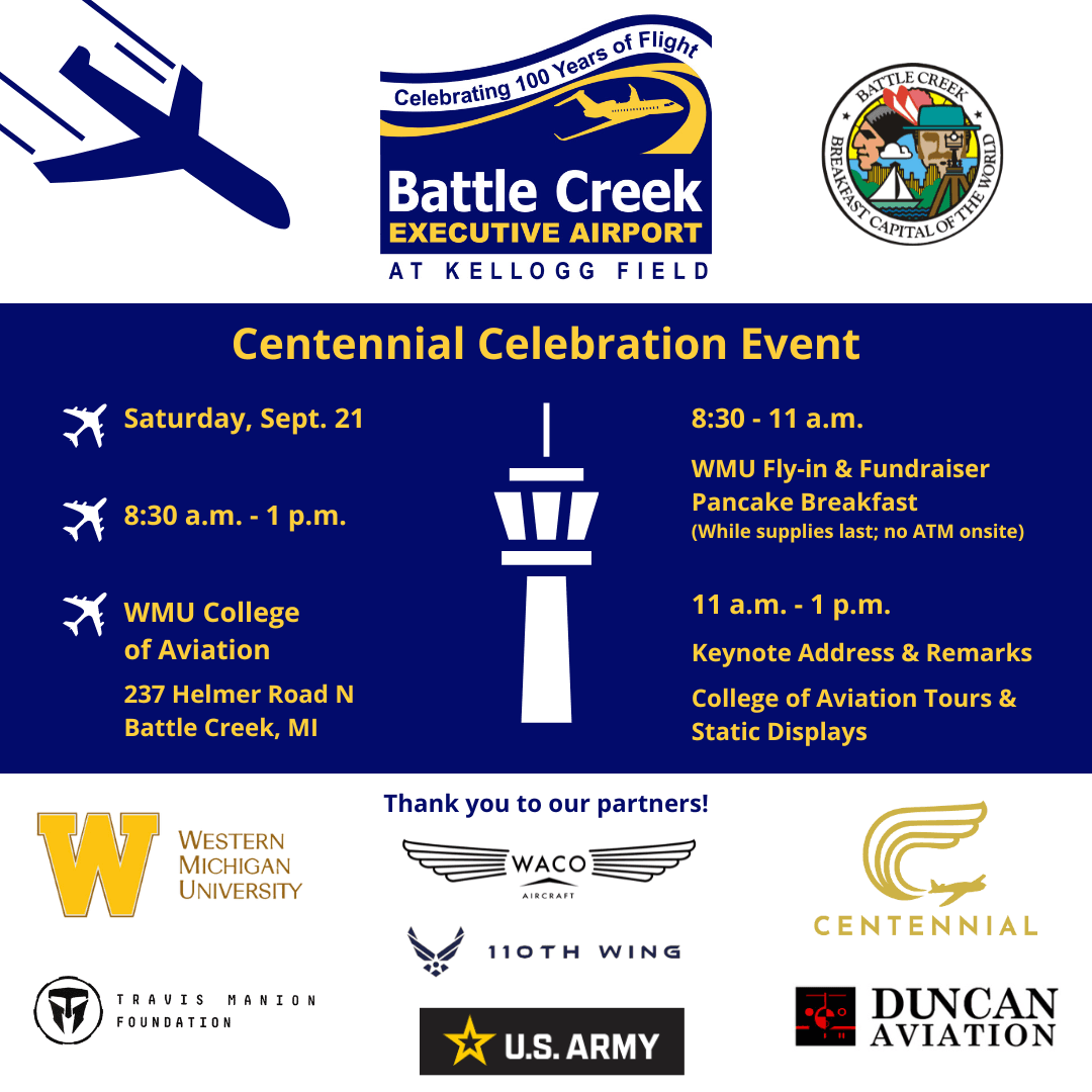 A graphic flyer for the Battle Creek Executive Airport centennial event.